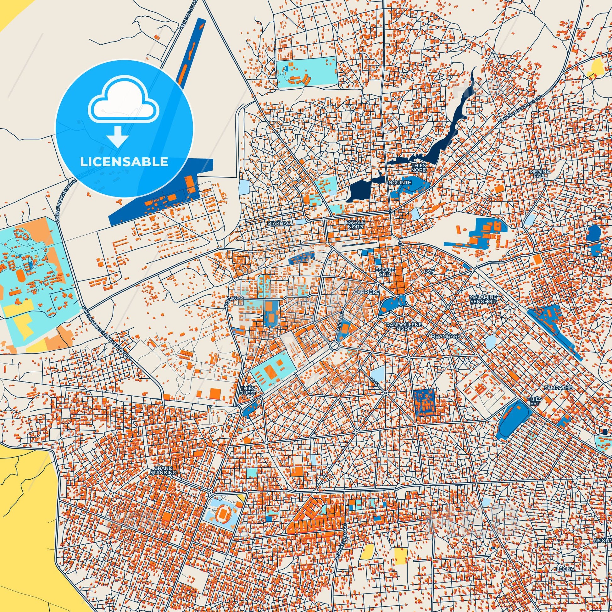 Colorful Thies Street Map with Labels and Buildings
