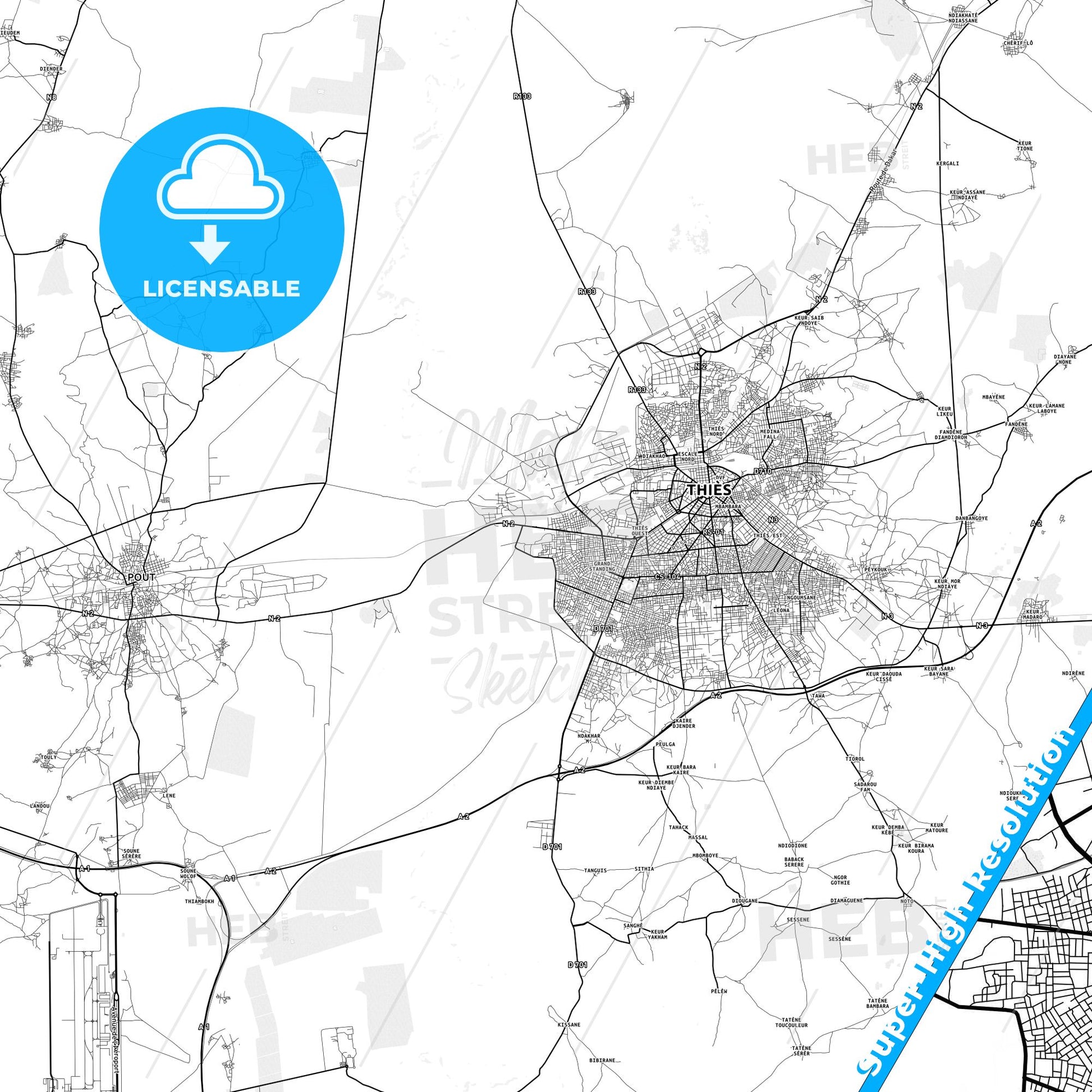 Thies Nones, Senegal light map with streetnames, citynames and districts