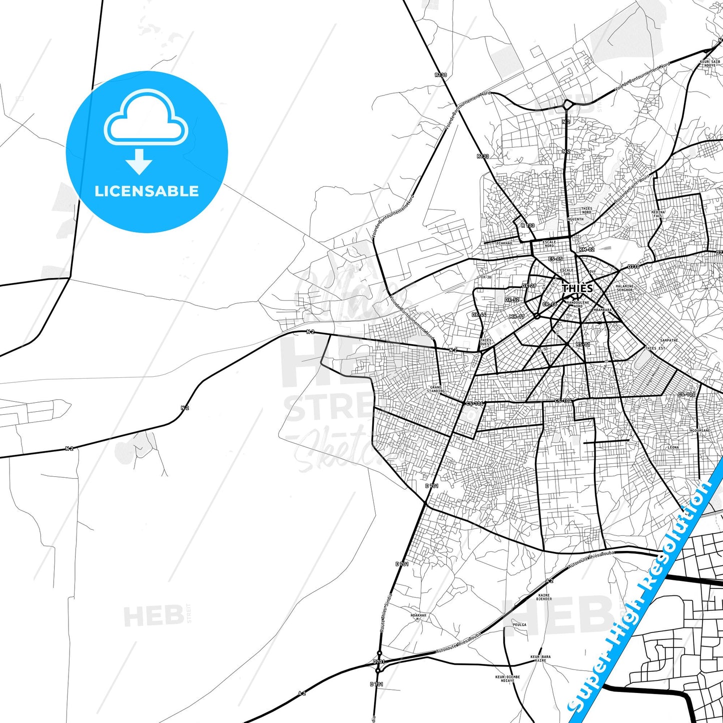 Thies Nones, Senegal Light Map with Street Names, City Names, and Districts