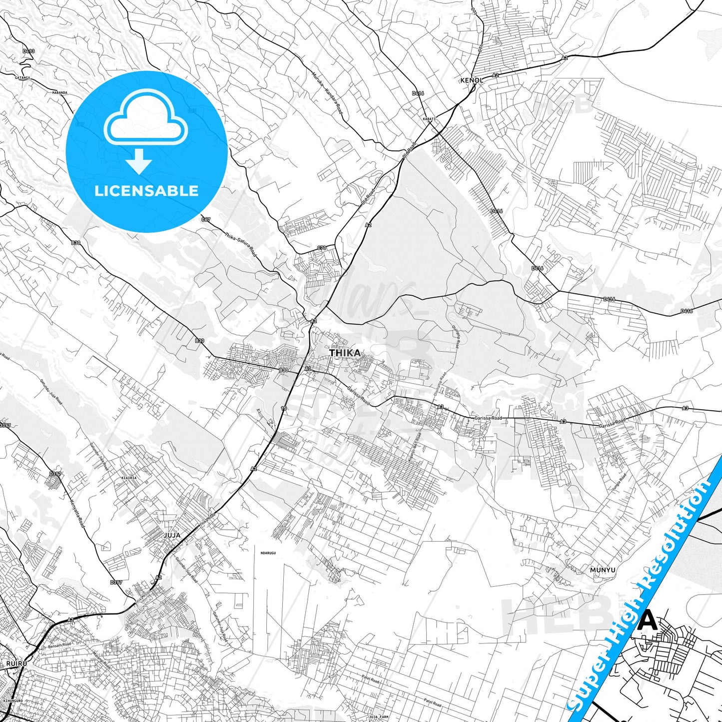 Thika, Kenya light map with streetnames, citynames and districts
