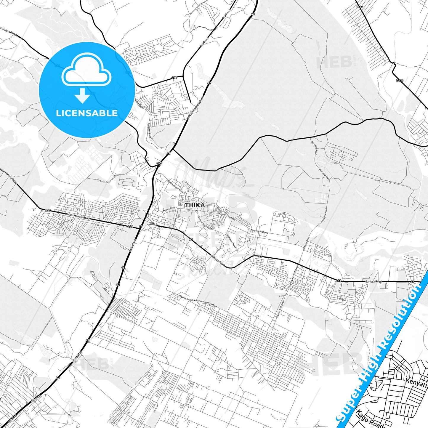 Thika, Kenya Light Map with Street Names, City Names, and Districts