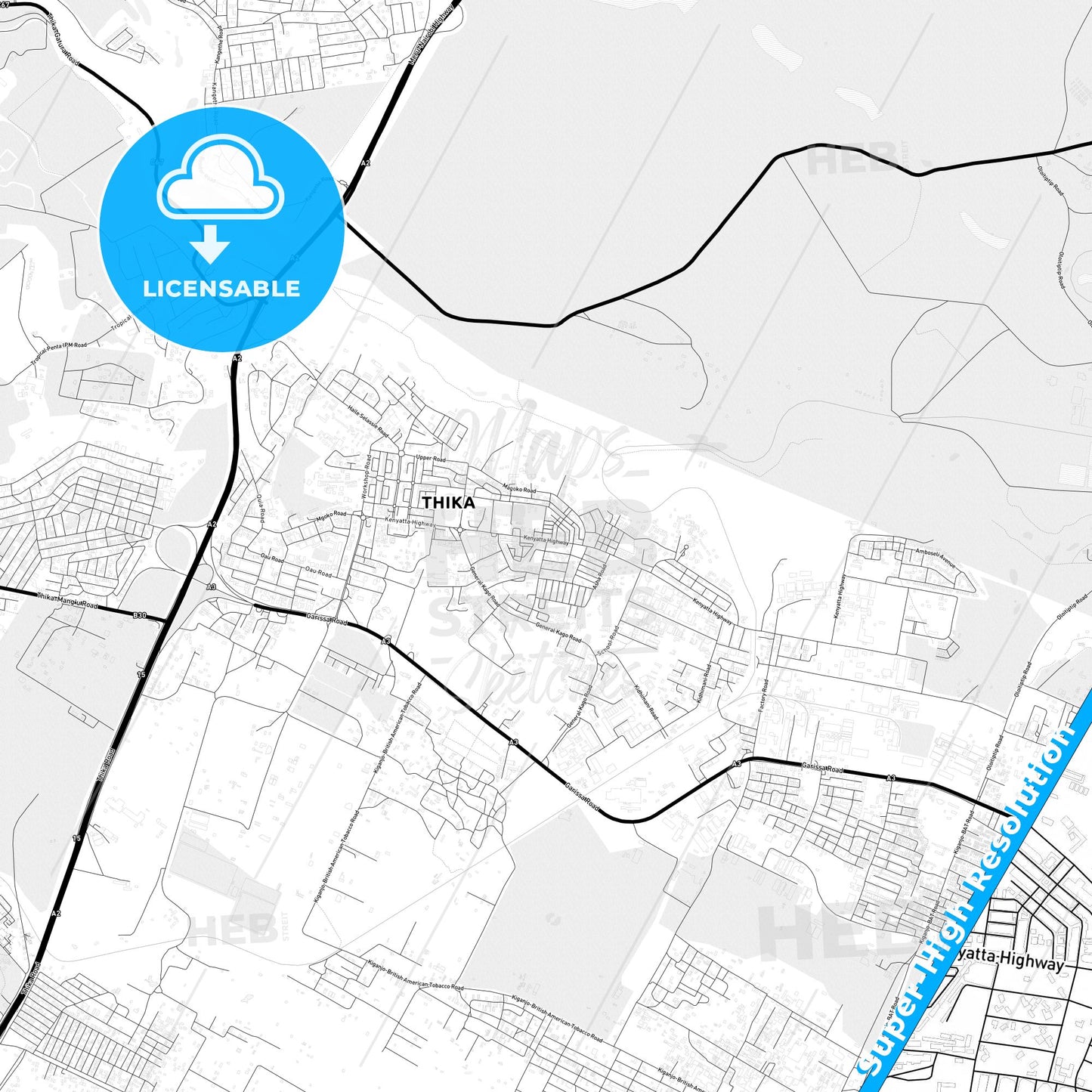 Thika, Kenya Light Map with Street Names, City Names, and Districts