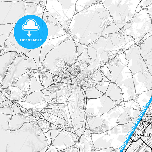 Thionville, France light map with streetnames, citynames and districts
