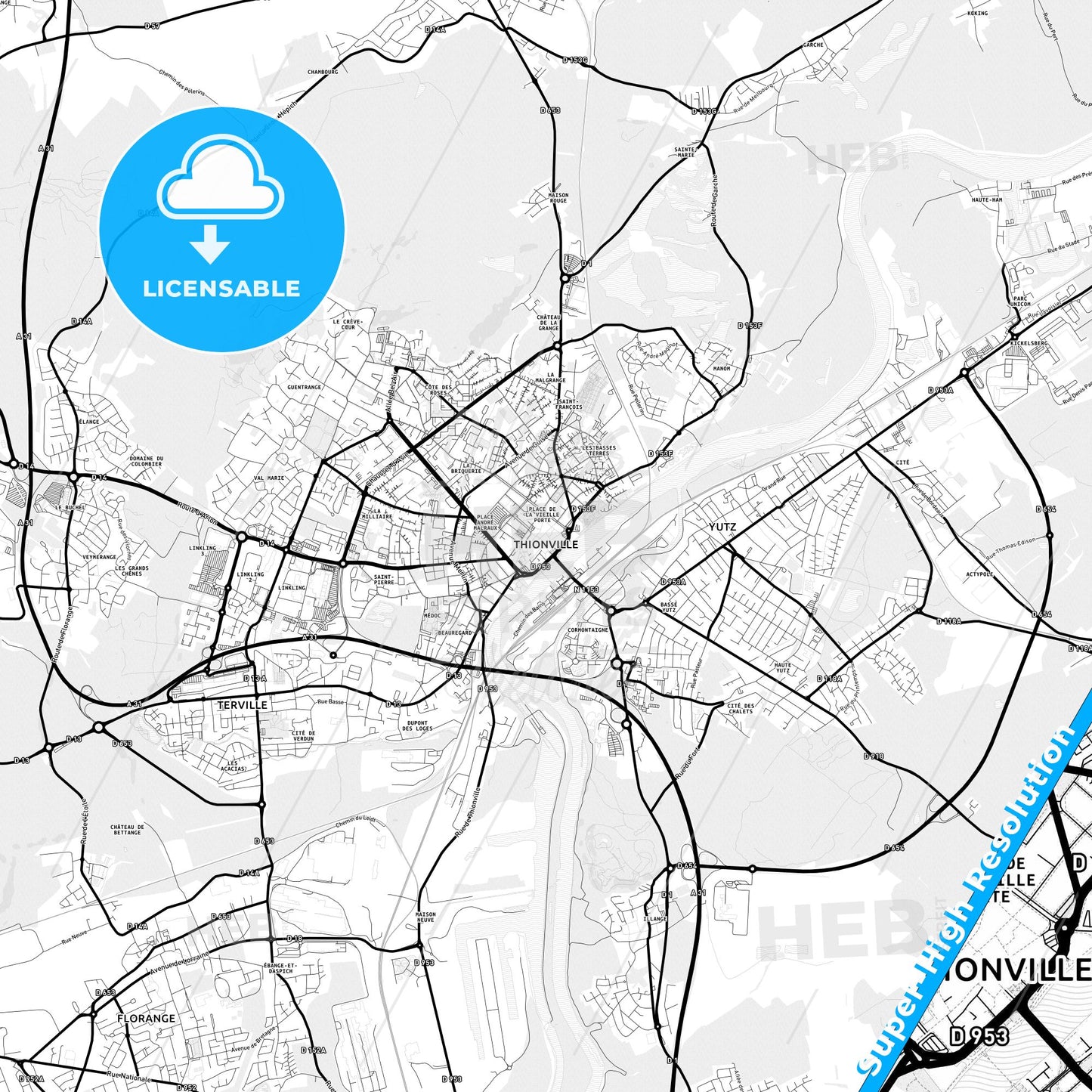 Thionville, France Light Map with Street Names, City Names, and Districts