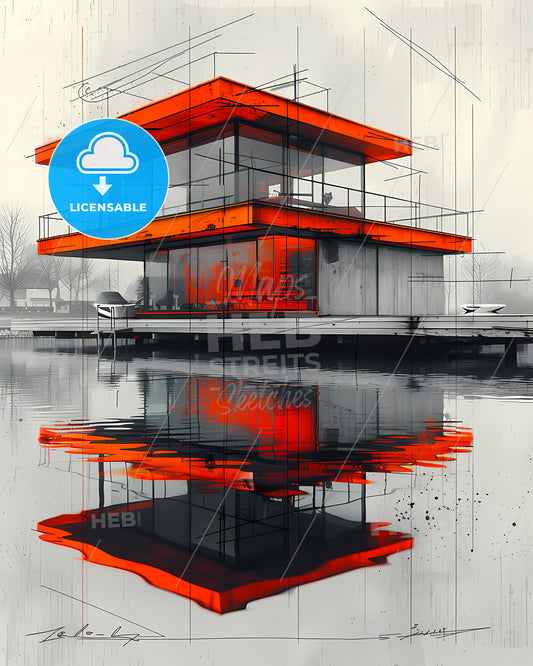 Striking Architectural Artwork: Vibrant Orange and Red Painting of a Modern Building on the Dock with Nautical Precision and Sketchfab Details