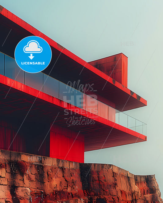 Minimalist Fine Art Architecture Painting Focus on Red Rooftop with Balcony Vibrant Pantone Color