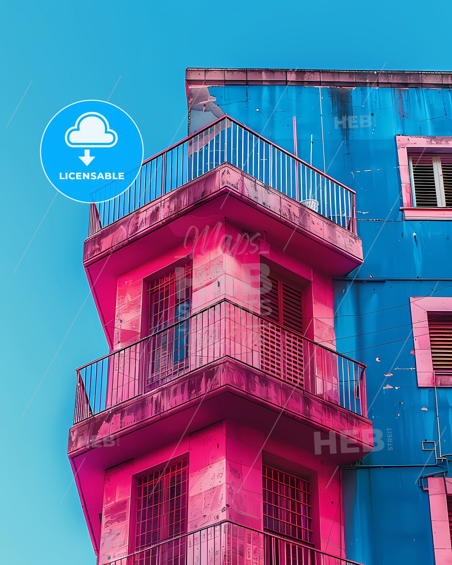 Minimalist architectural art photography featuring a blue building with bold pink paint accents, showcasing the architectural and artistic elements