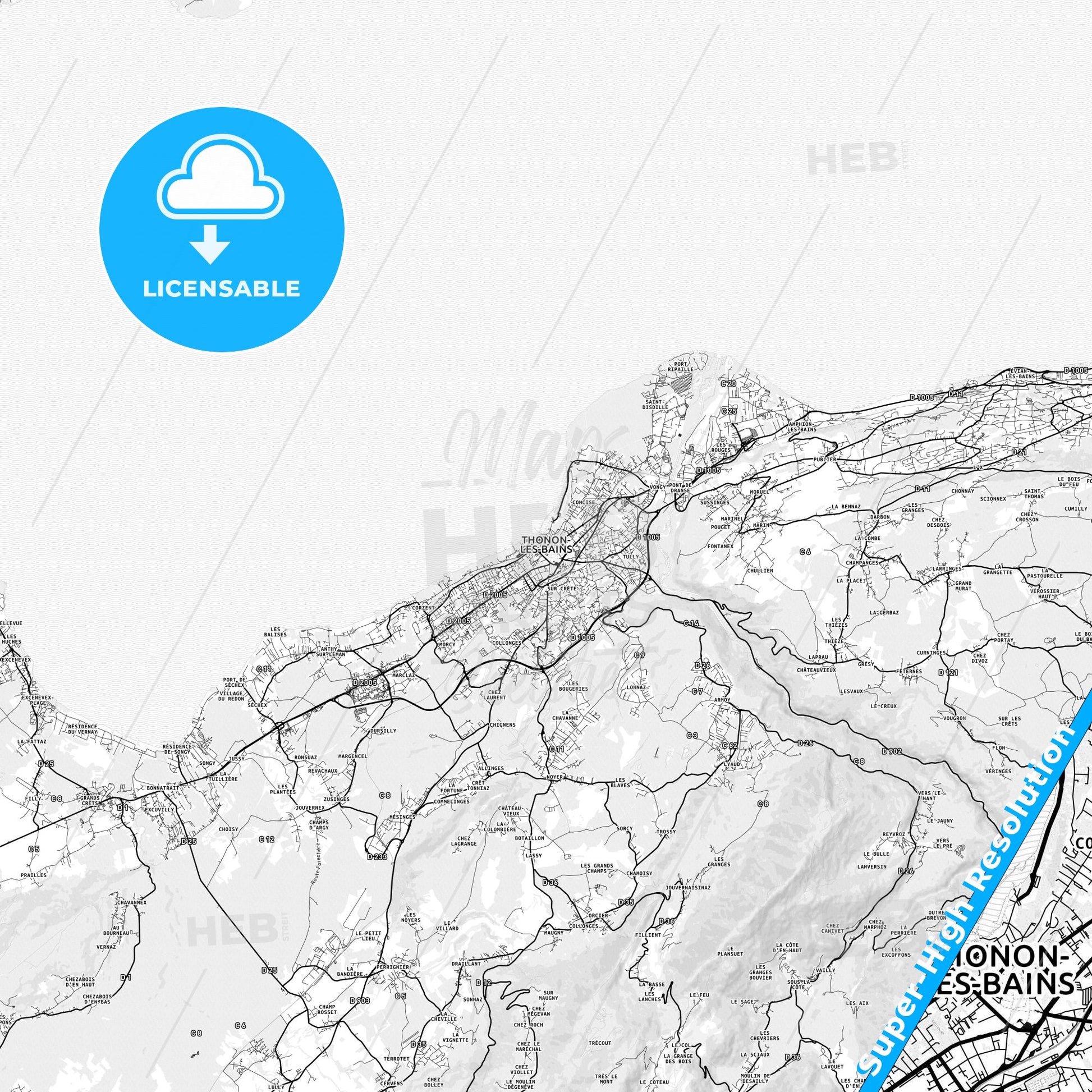Thonon-les-Bains, France light map with streetnames, citynames and districts
