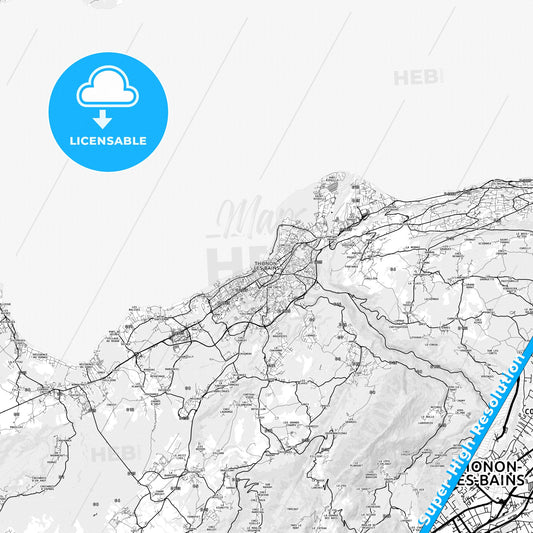 Thonon-les-Bains, France light map with streetnames, citynames and districts