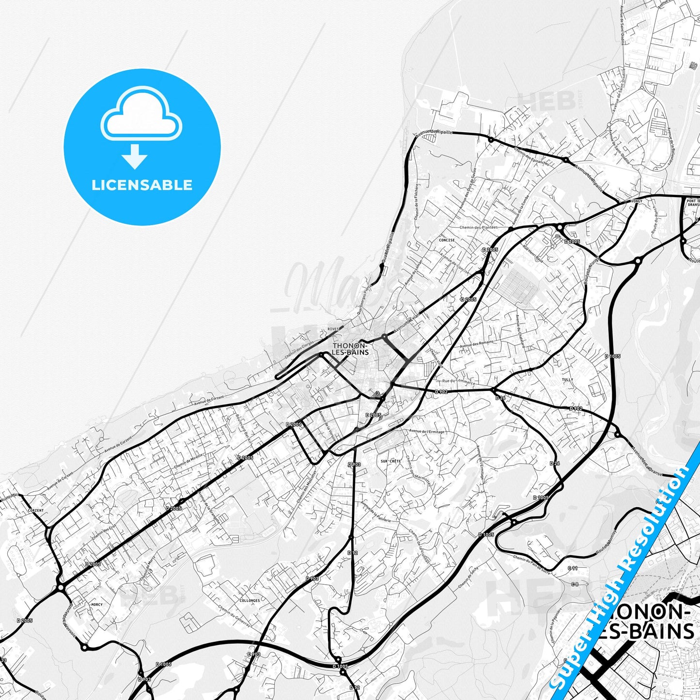 Thonon-les-Bains, France Light Map with Street Names, City Names, and Districts