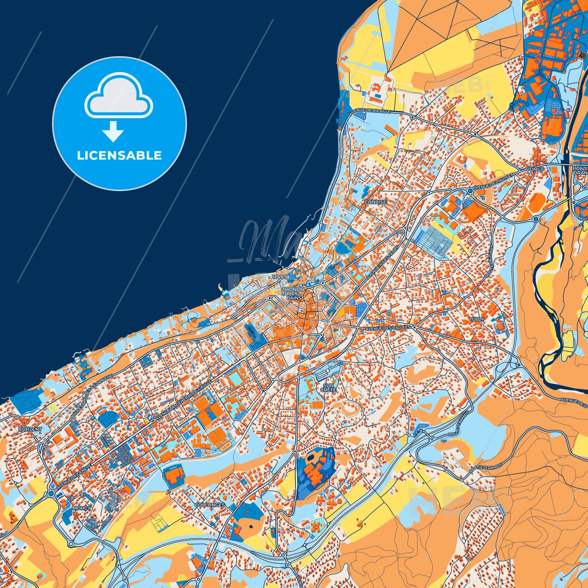 Colorful Thonon-les-Bains Street Map with Labels and Buildings