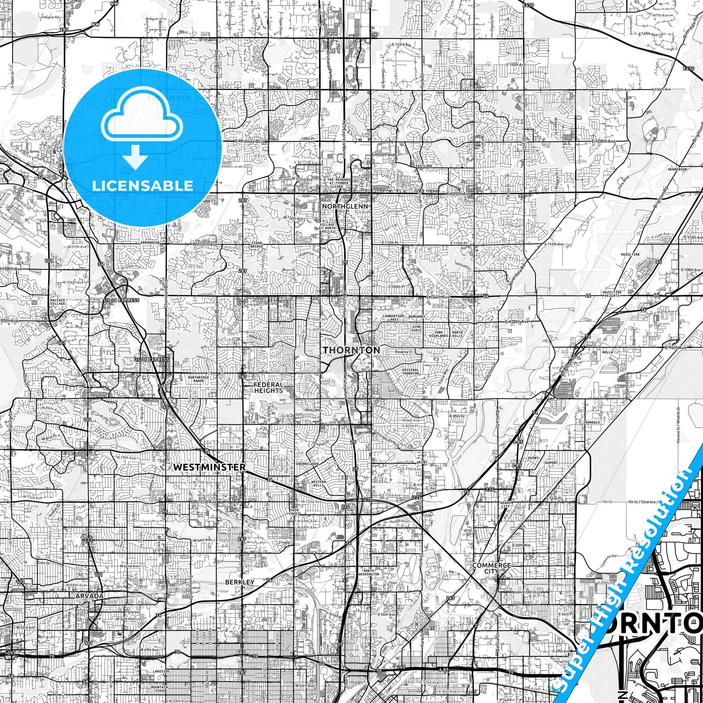 Thornton, Colorado light map with streetnames, citynames and districts