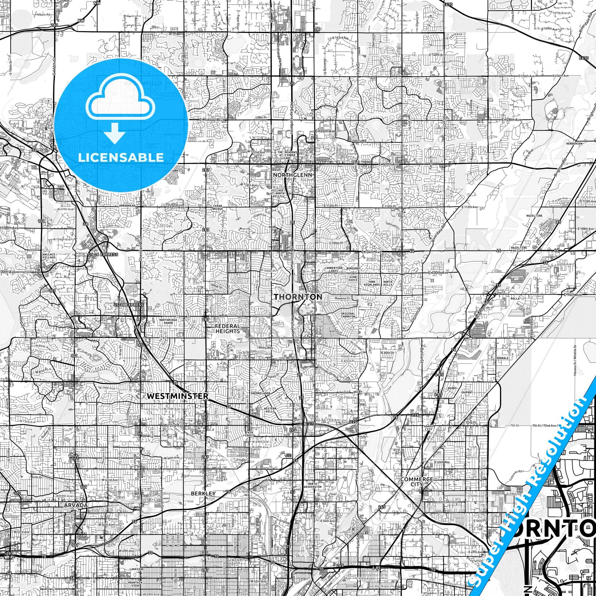 Thornton, Colorado light map with streetnames, citynames and districts