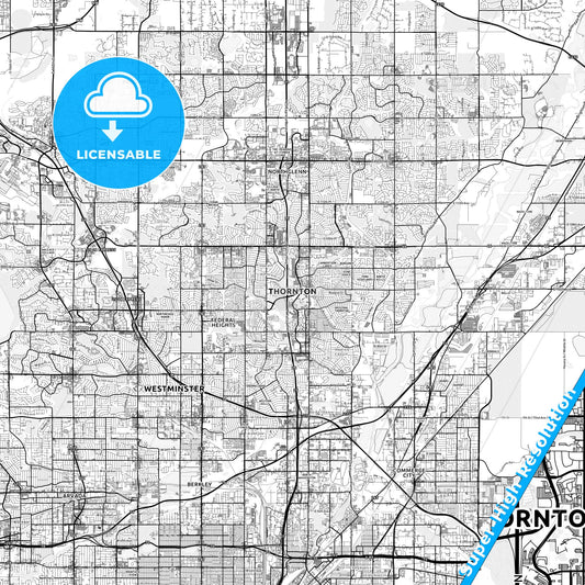 Thornton, Colorado light map with streetnames, citynames and districts