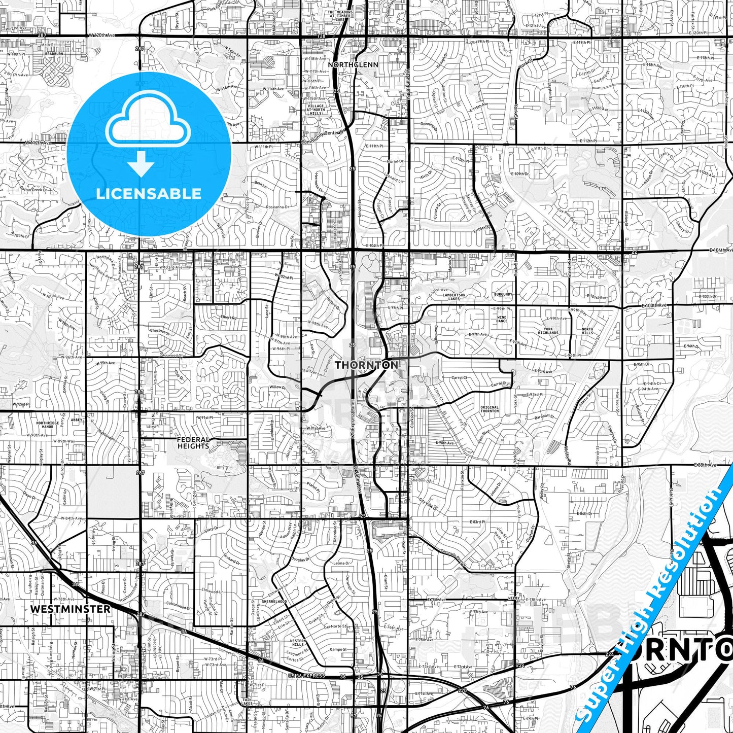 Thornton, Colorado Light Map with Street Names, City Names, and Districts