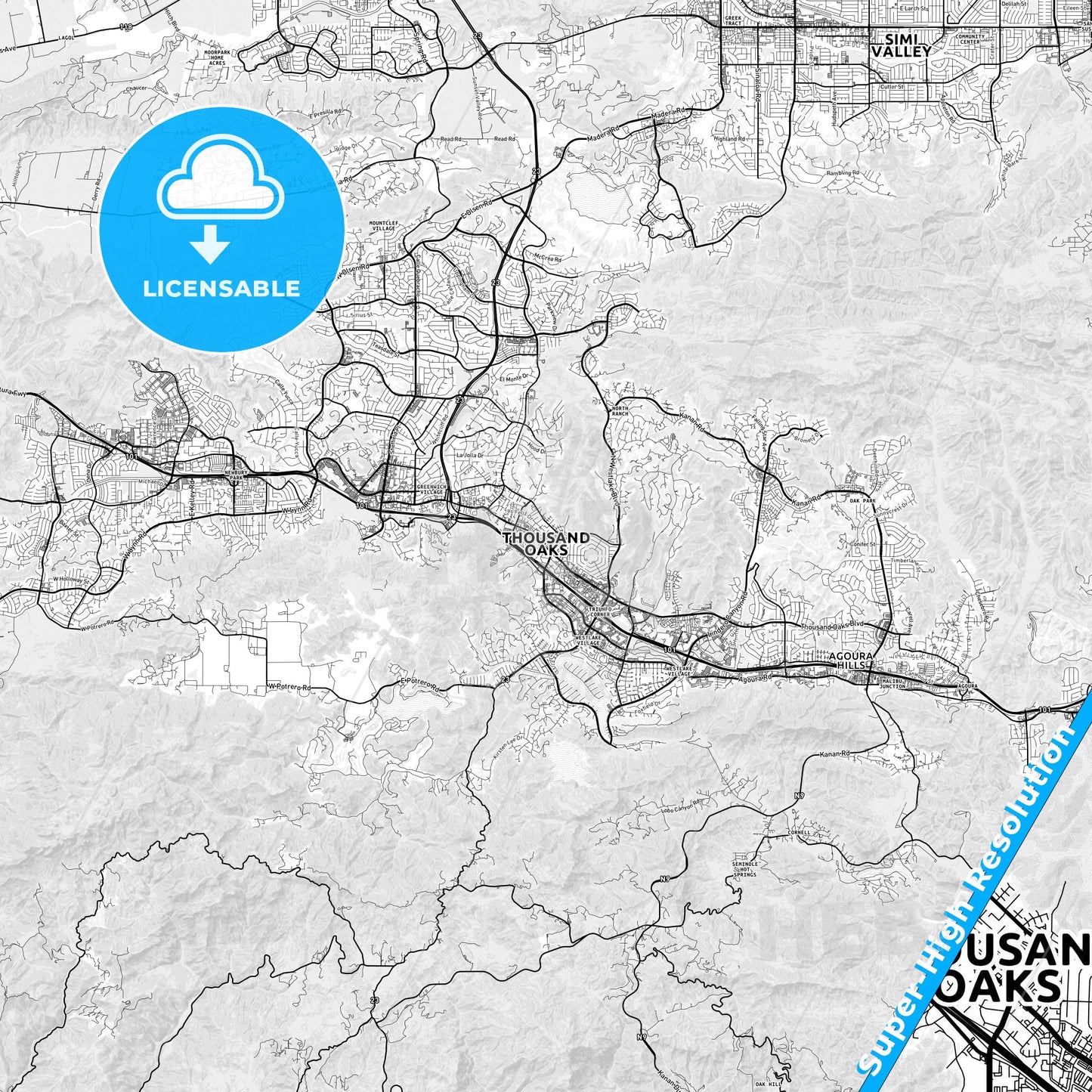 Thousand Oaks, California light map with streetnames, citynames and districts