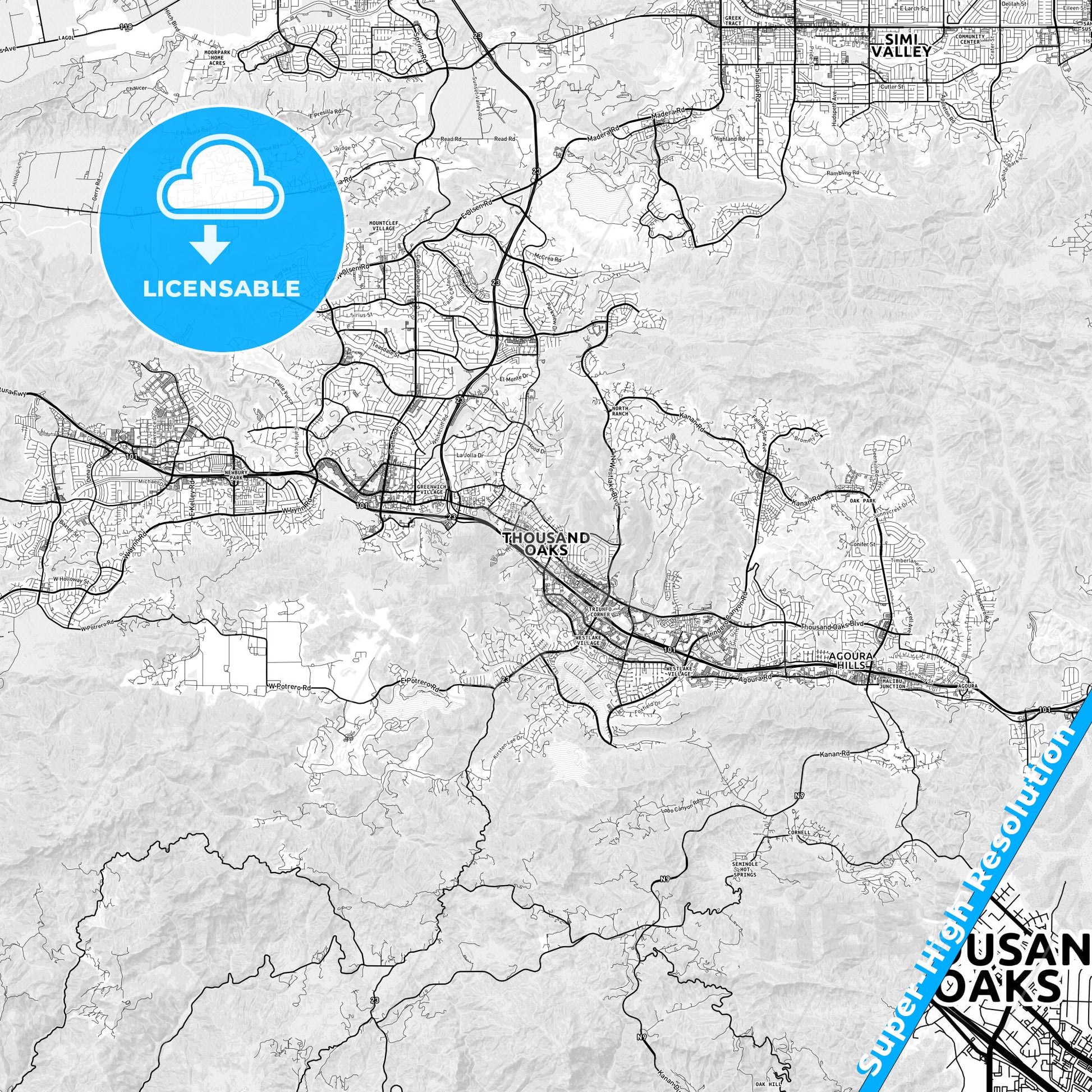 Thousand Oaks, California light map with streetnames, citynames and districts