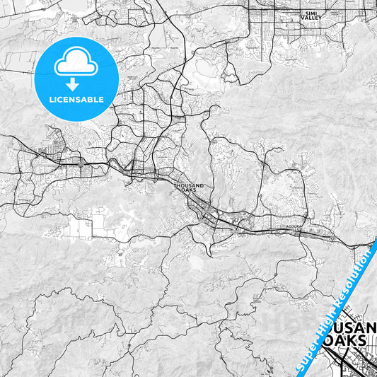 Thousand Oaks, California light map with streetnames, citynames and districts