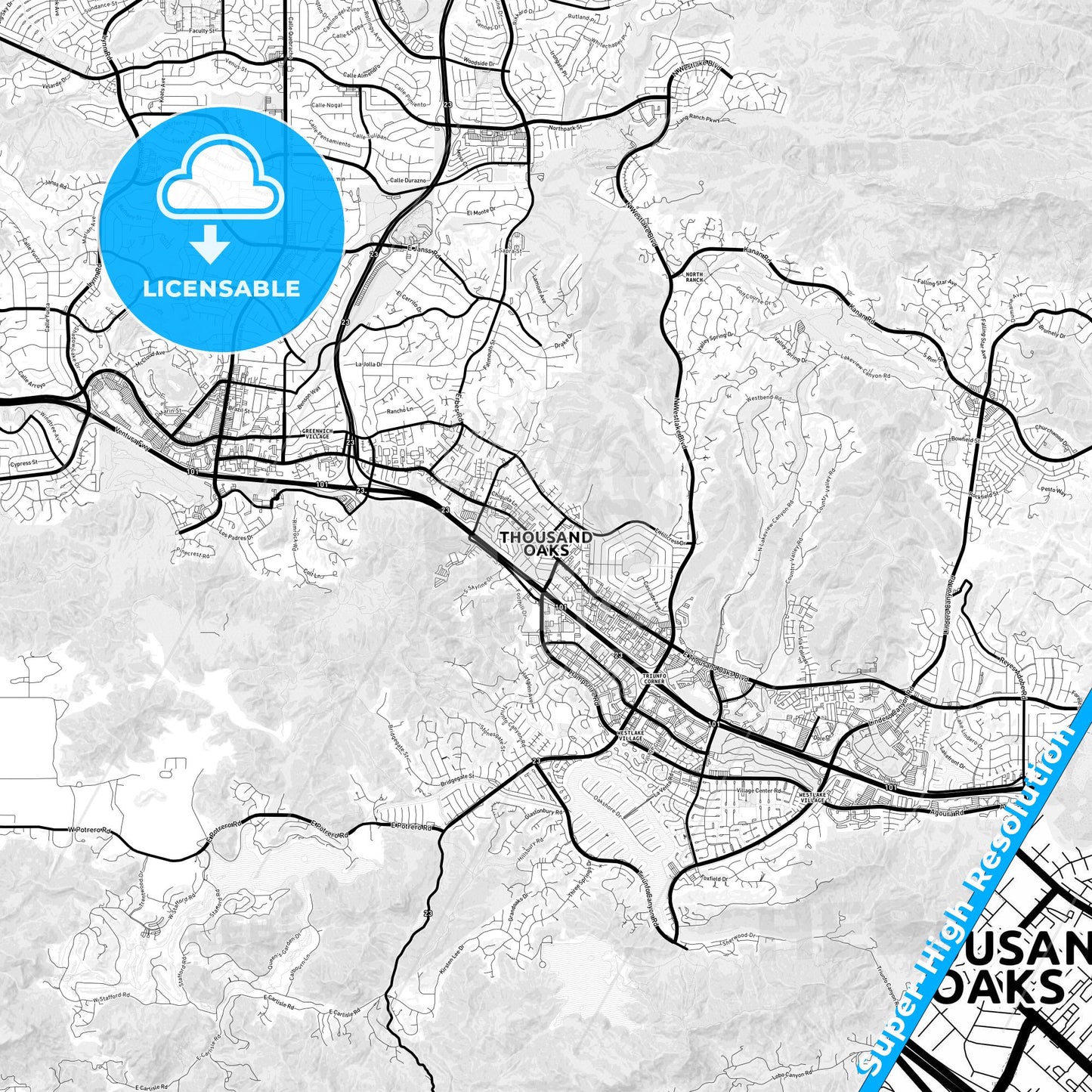 Thousand Oaks, California Light Map with Street Names, City Names, and Districts