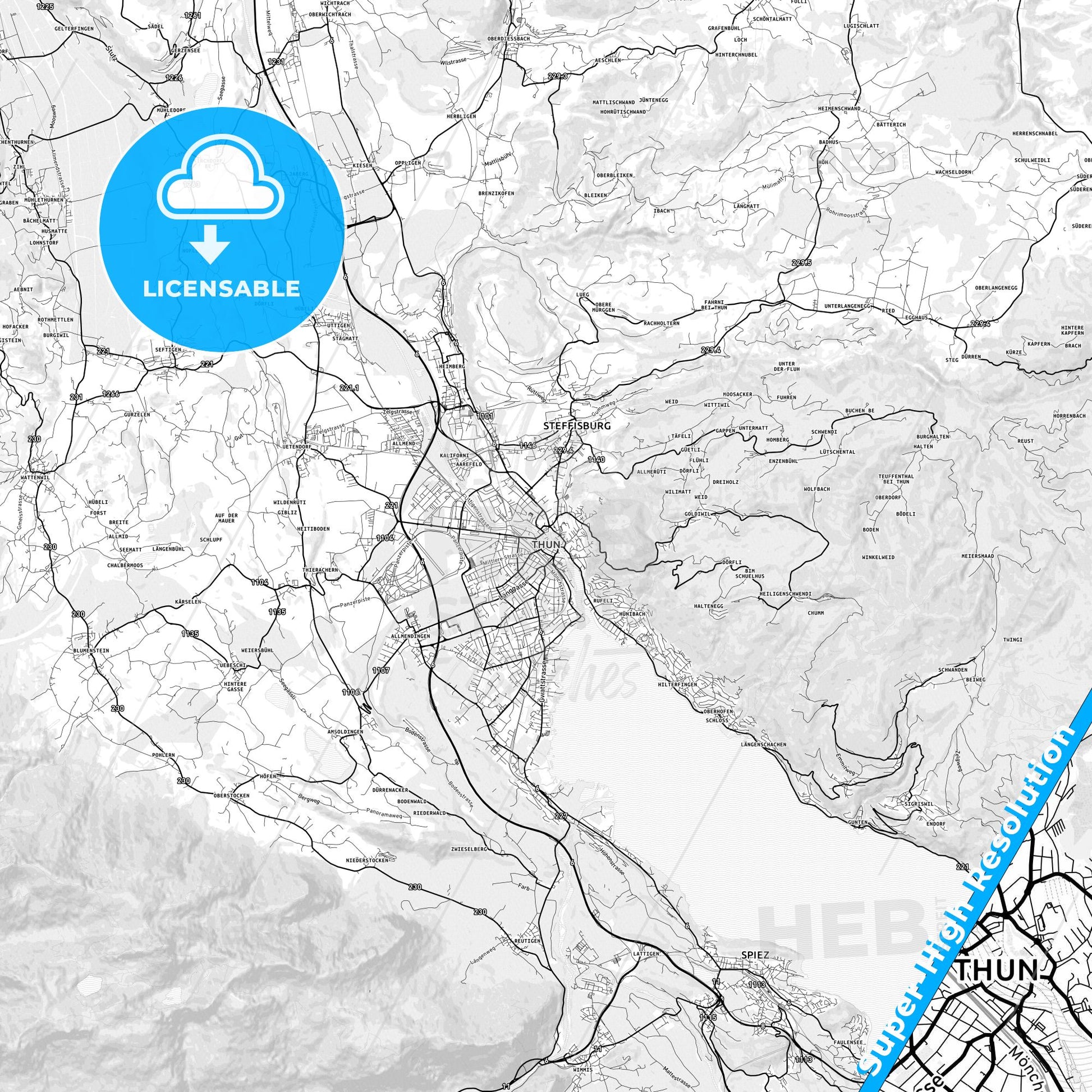 Thun, Switzerland light map with streetnames, citynames and districts