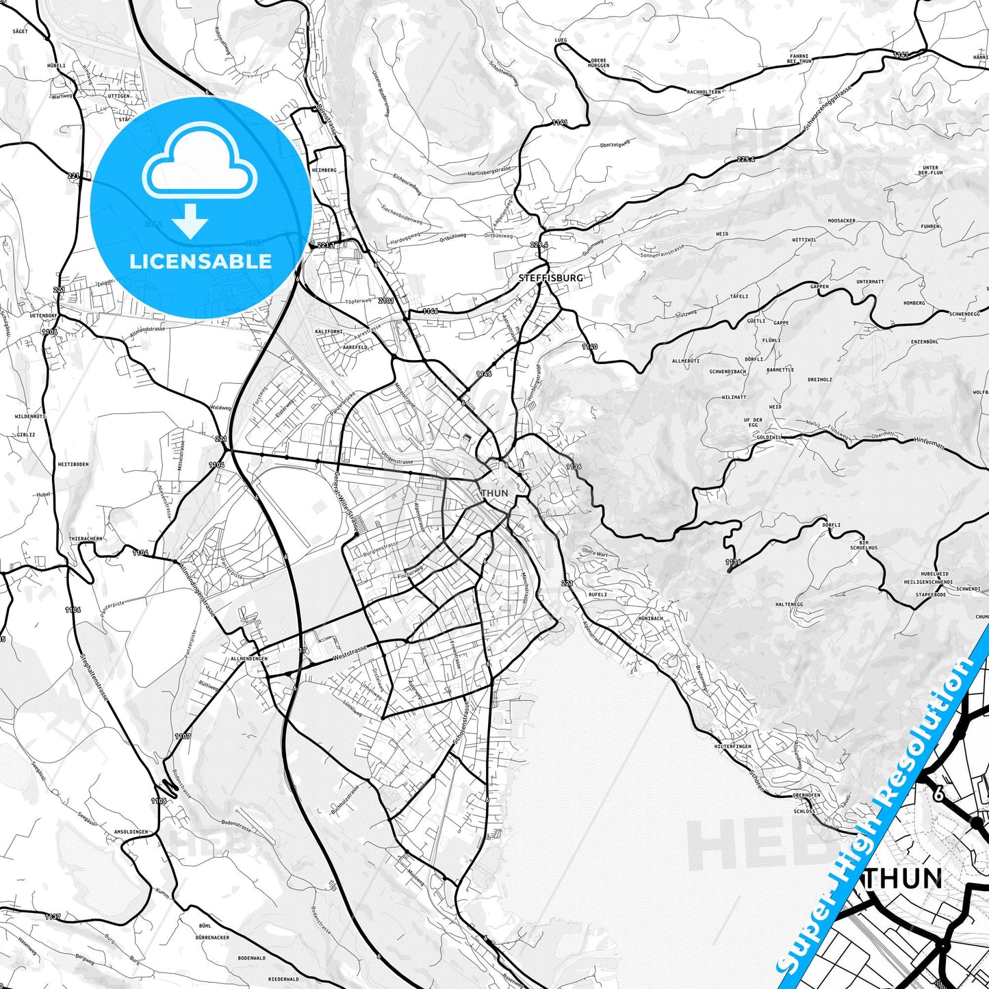 Thun, Switzerland Light Map with Street Names, City Names, and Districts
