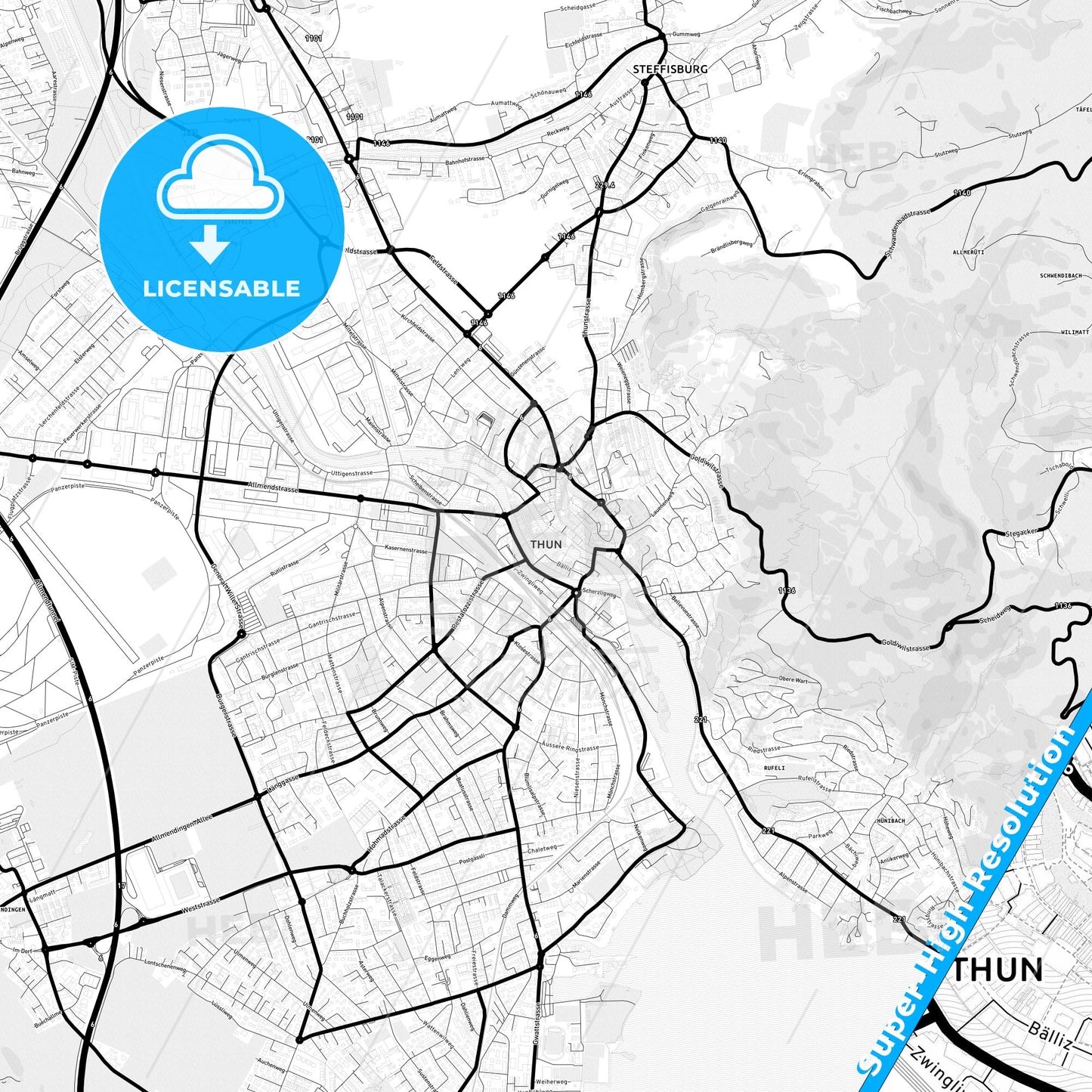 Thun, Switzerland Light Map with Street Names, City Names, and Districts