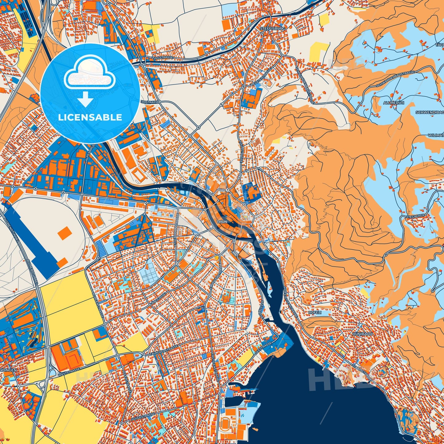 Colorful Thun Street Map with Labels and Buildings