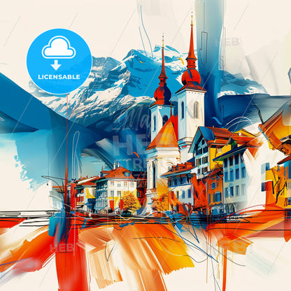 Vibrant Thun, Switzerland - A Painting Of A Town With A Mountain In The Background