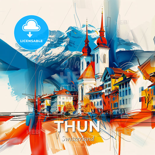 Vibrant Thun, Switzerland - A Painting Of A Town With A Mountain In The Background - Square format print template