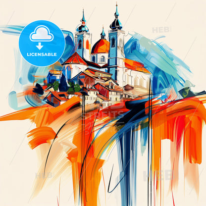 Vibrant Thun, Switzerland - A Painting Of A Building With A Colorful Background