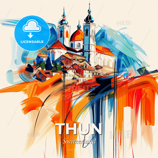 Vibrant Thun, Switzerland - A Painting Of A Building With A Colorful Background - Square format print template