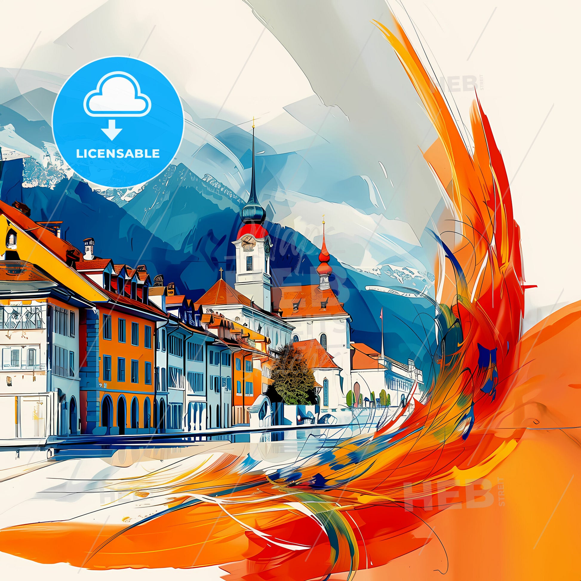 Vibrant Thun, Switzerland - A Colorful Painting Of Buildings And Mountains