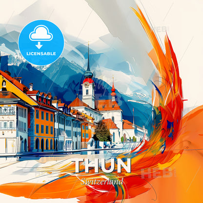 Vibrant Thun, Switzerland - A Colorful Painting Of Buildings And Mountains - Square format print template