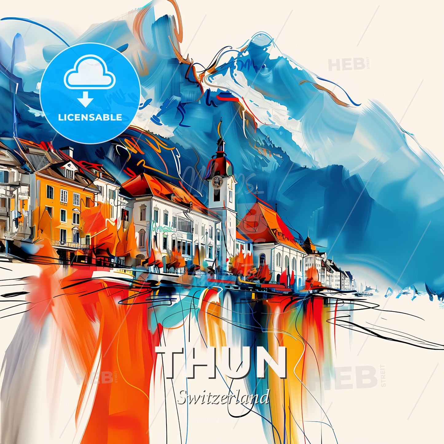 Vibrant Thun, Switzerland - A Painting Of A Town With A Mountain In The Background - Square format print template