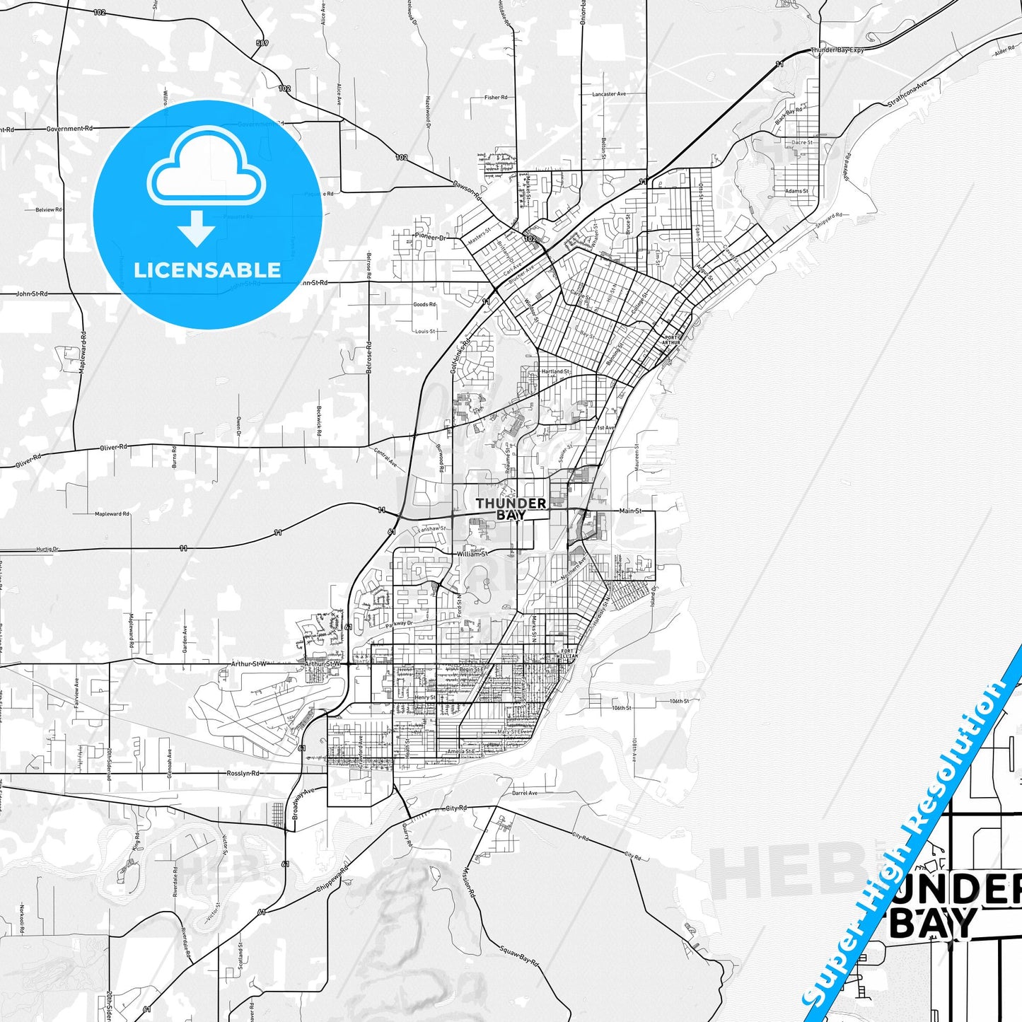 Thunder Bay, Canada light map with streetnames, citynames and districts