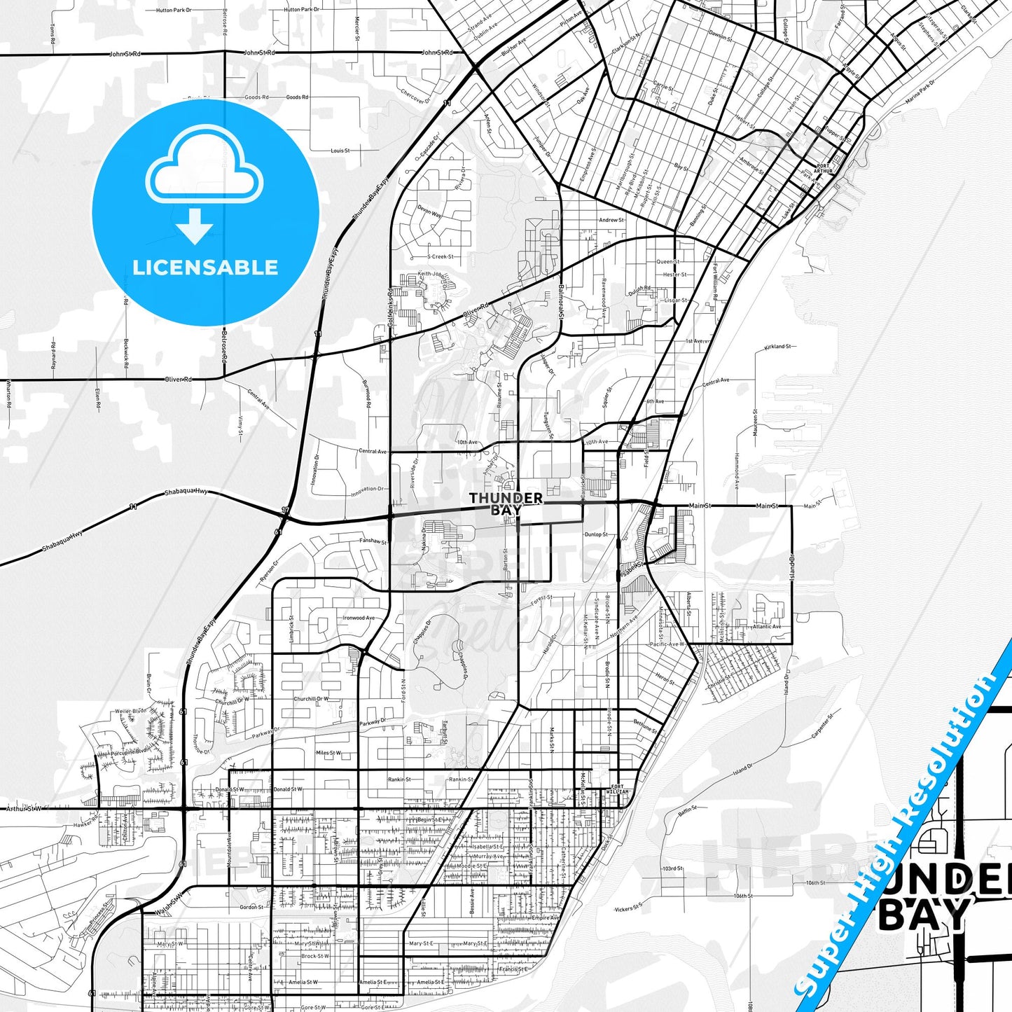 Thunder Bay, Canada Light Map with Street Names, City Names, and Districts