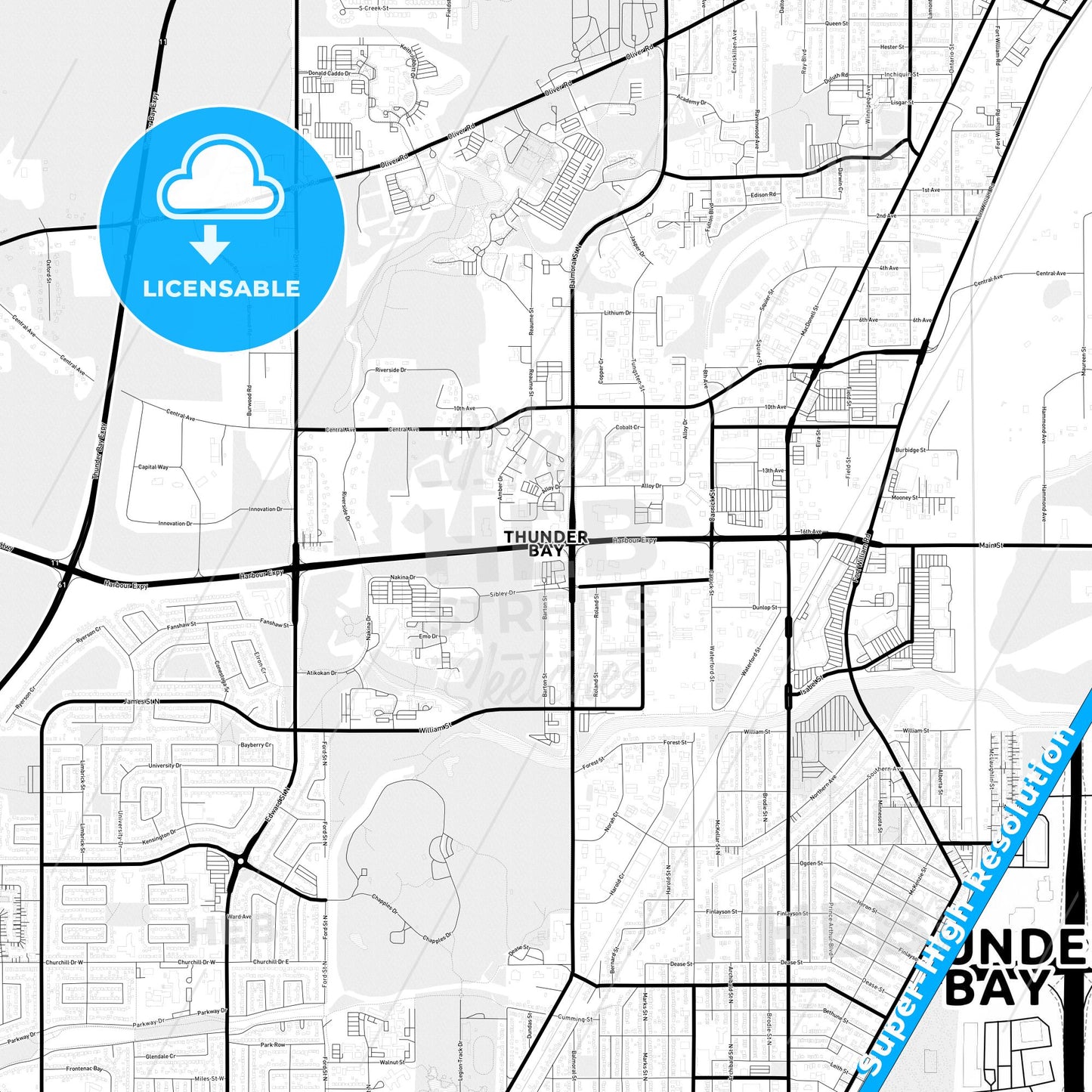 Thunder Bay, Canada Light Map with Street Names, City Names, and Districts