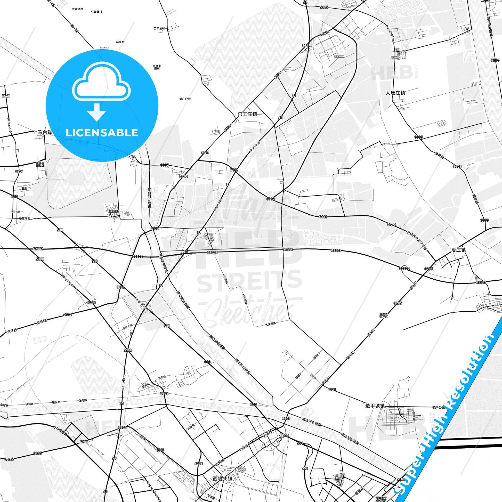 Tianjin, China light map with streetnames, citynames and districts