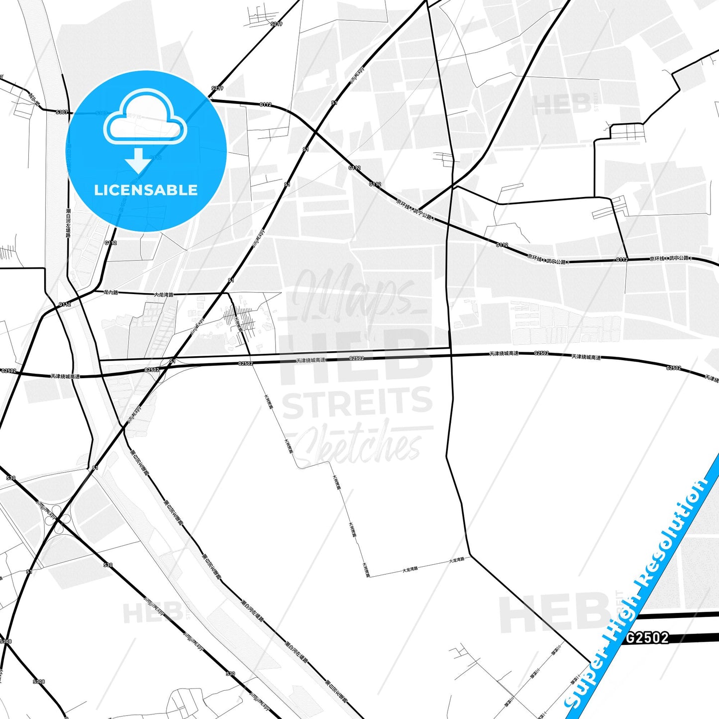 Tianjin, China Light Map with Street Names, City Names, and Districts