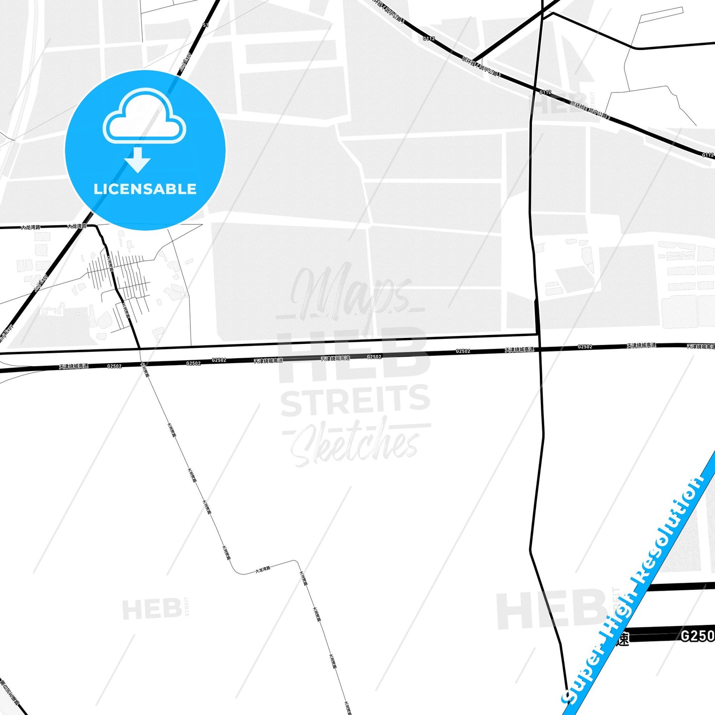 Tianjin, China Light Map with Street Names, City Names, and Districts