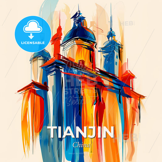 Vibrant Tianjin, China - A Colorful Painting Of A Castle - Square format print template