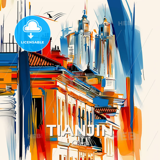 Vibrant Tianjin, China - A Colorful Painting Of Buildings - Square format print template