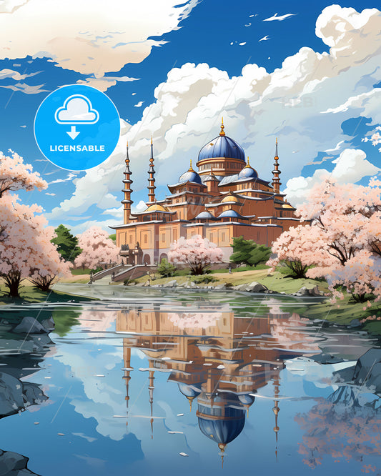 Tianjin China Skyline - Painted Art of a Building with a Dome and Towers Next to a Water Body