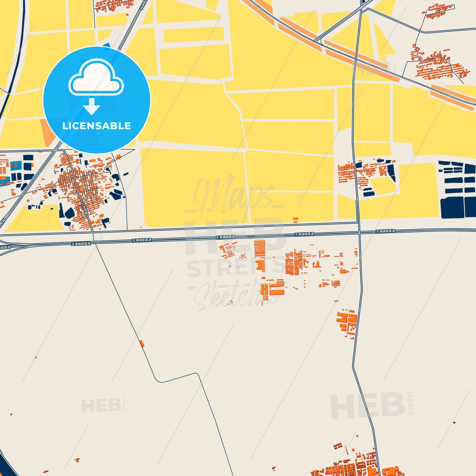 Colorful Tianjin Street Map with Labels and Buildings