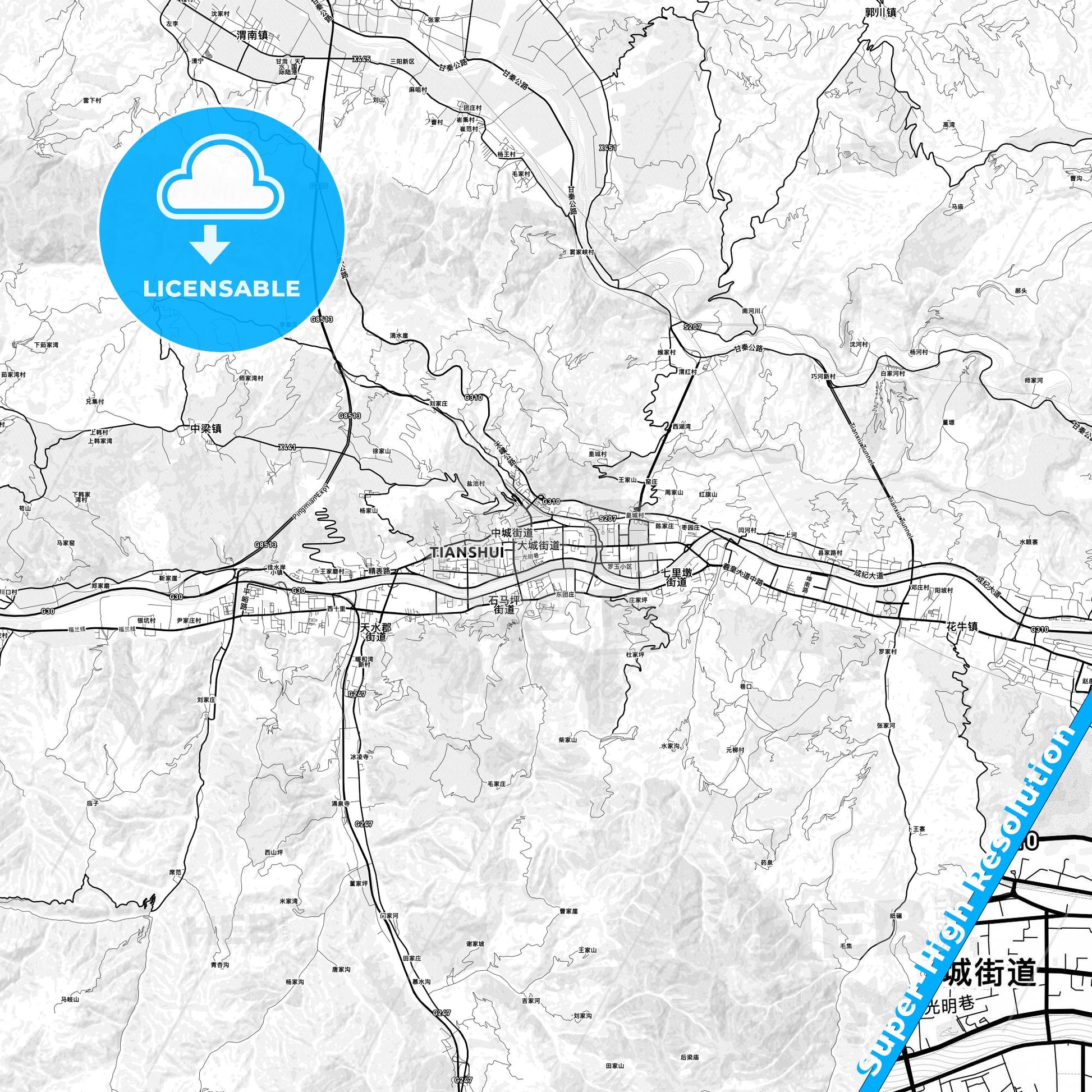Tianshui, China light map with streetnames, citynames and districts