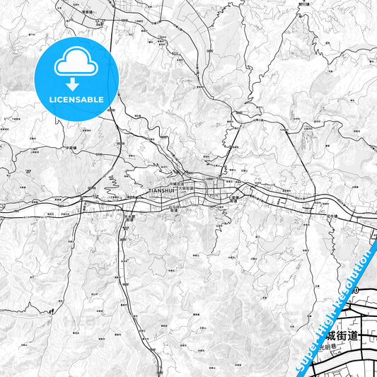Tianshui, China light map with streetnames, citynames and districts