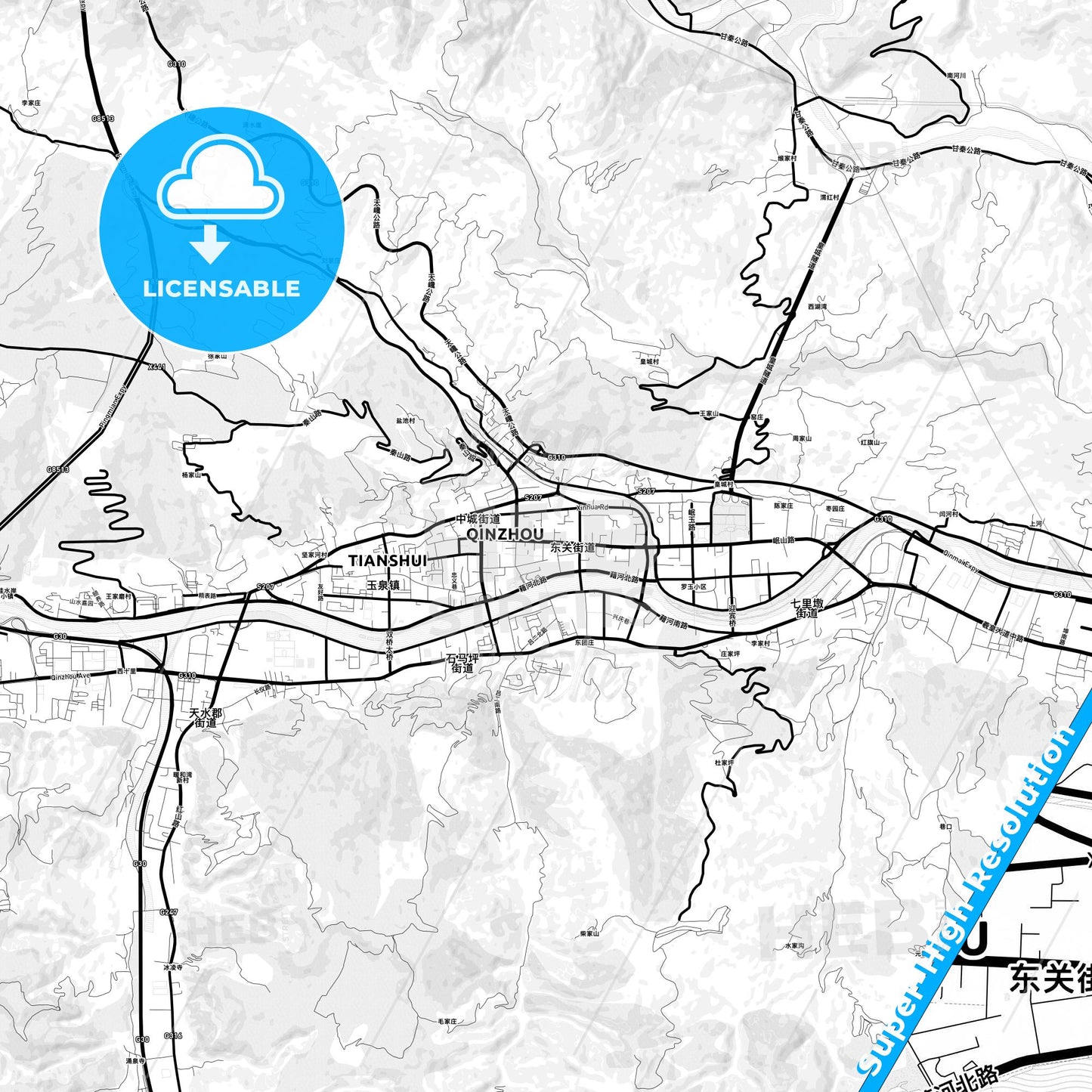 Tianshui, China Light Map with Street Names, City Names, and Districts