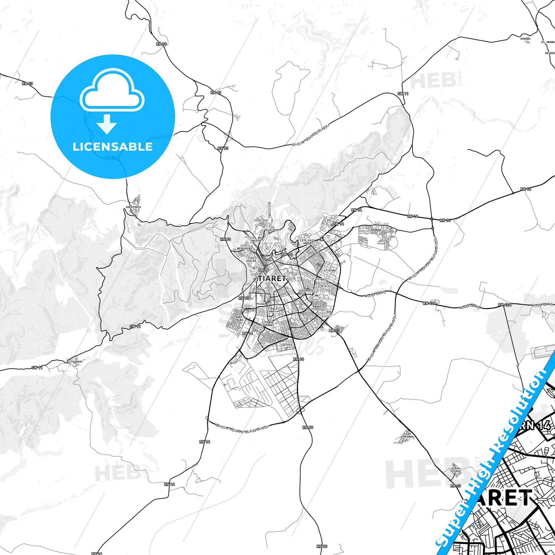 Tiaret, Algeria light map with streetnames, citynames and districts