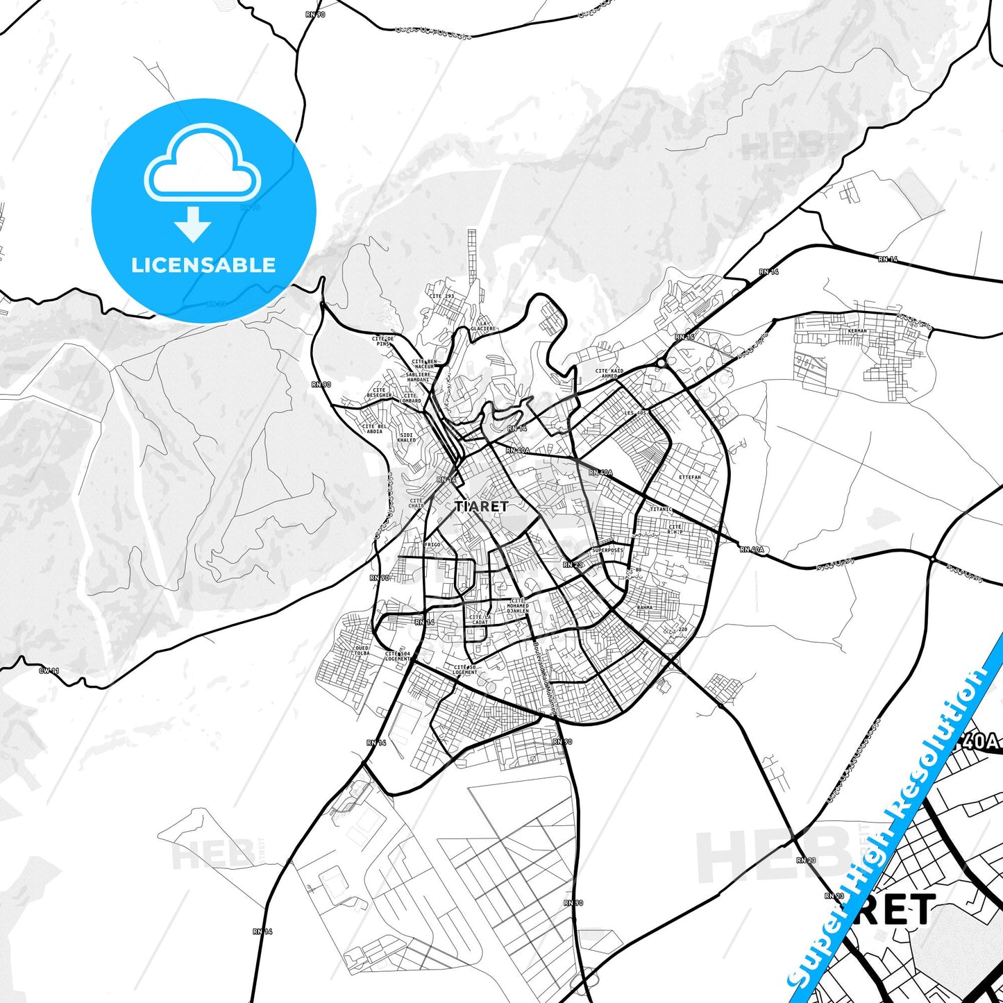 Tiaret, Algeria Light Map with Street Names, City Names, and Districts