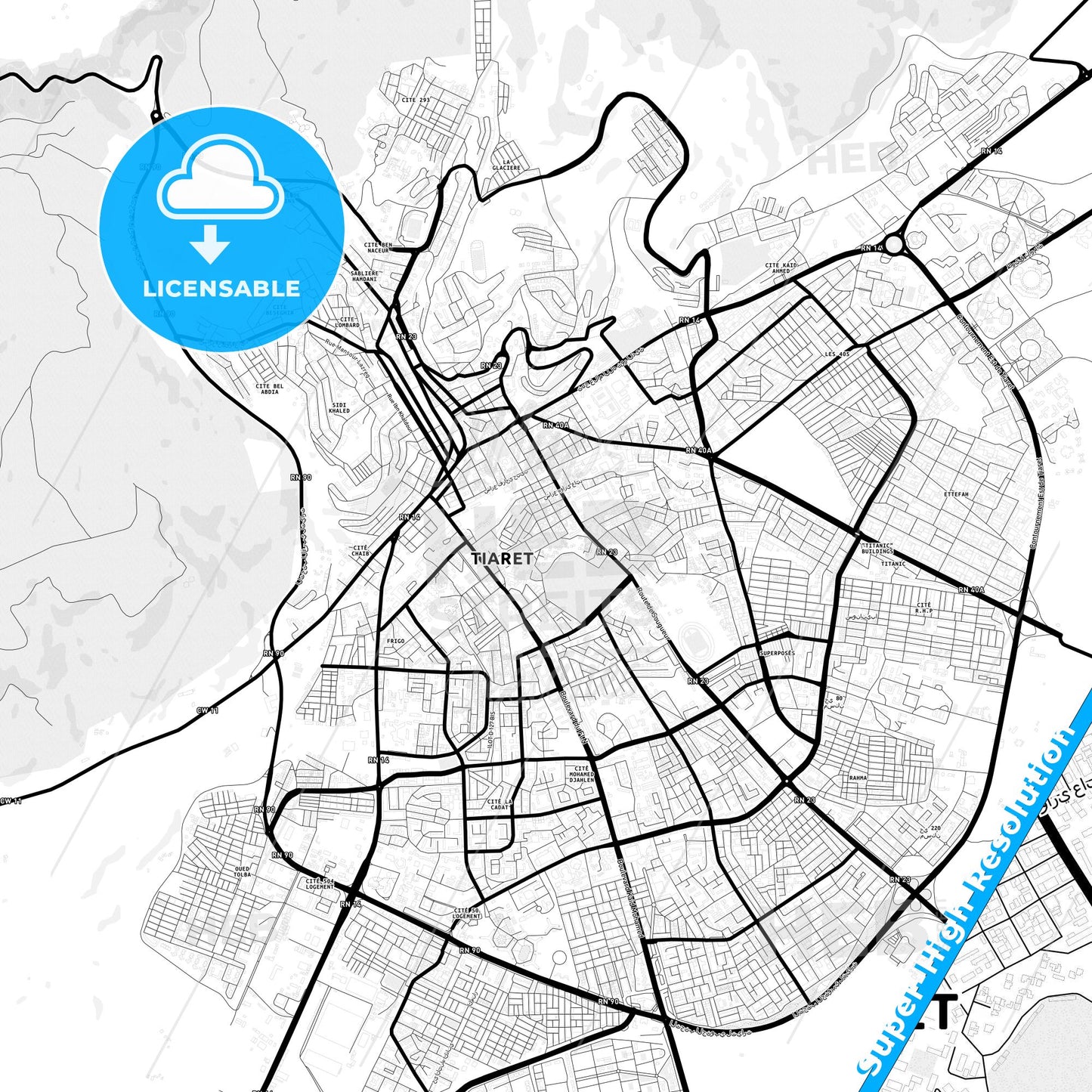 Tiaret, Algeria Light Map with Street Names, City Names, and Districts